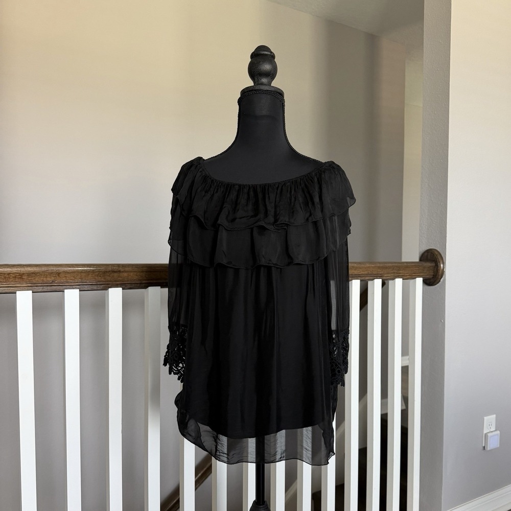 Le Marais 100% Silk Blouse Made In Italy Small Black Crochet Billowing Luxury